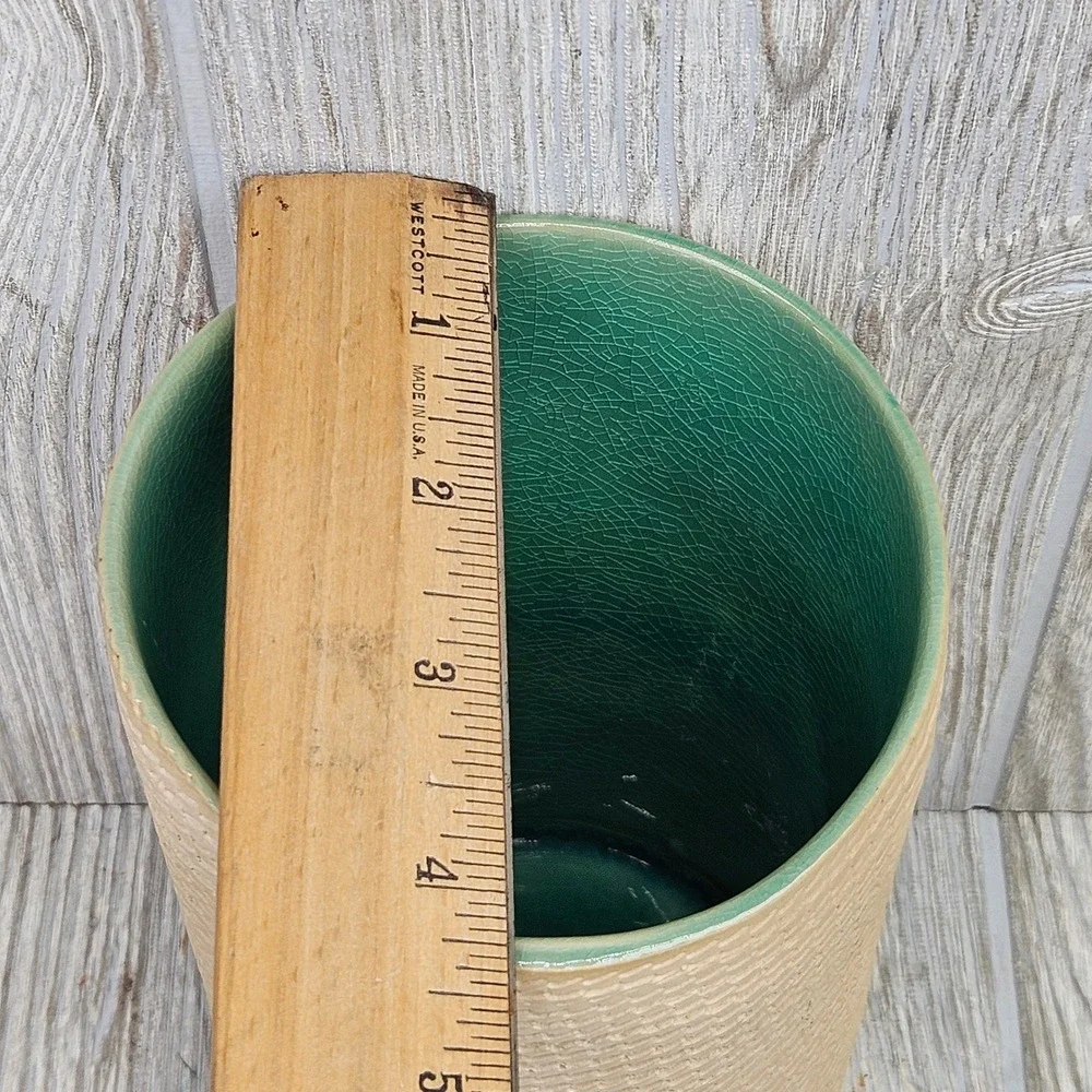 Crate & Barrel Portugal Textured Tan Ceramic Vase Teal Crackle Glaze Interior 7